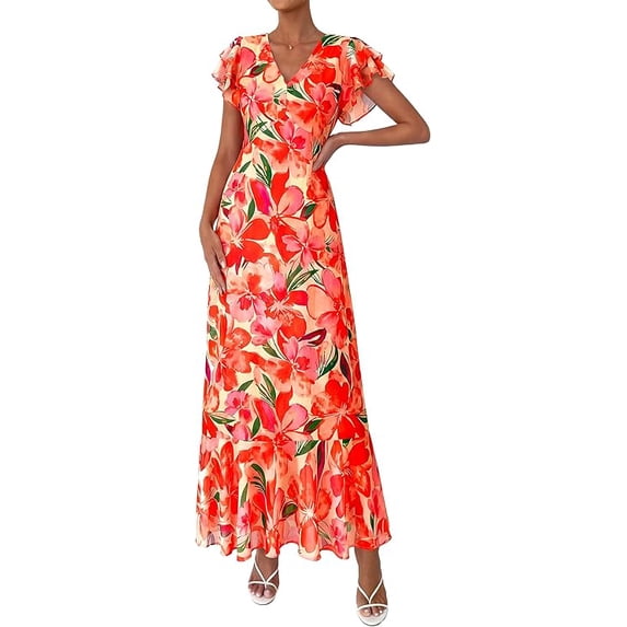 PRETTYGARDEN Womens Summer Floral Maxi Dresses Spring Short Sleeve Ruffle V Neck Flowy Boho Long Beach Vacation Sundress