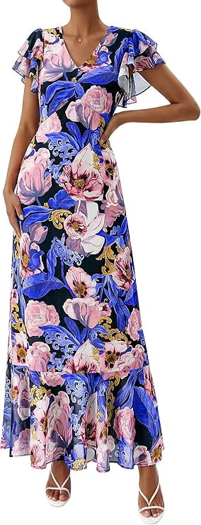 beautiful cheap maxi dresses Yuwull Womens Summer Dress Hawaiian Maxi Dresses Holiday Dresses For Women Floral Print V Neck Side Split Long Dresses Boho Sleeveless Evening Party