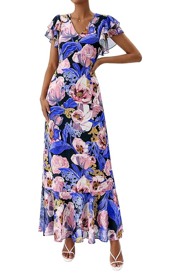 Womens Summer Floral Maxi Dresses Spring Short Sleeve Ruffle V Neck Flowy Boho Long Beach Vacation Sundress
