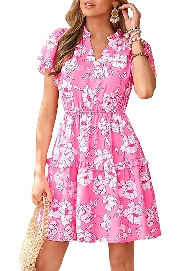 Womens Summer Floral Mini Dress Trendy Ruffle Short Sleeve V Neck Flowy A Line Short Beach Dresses