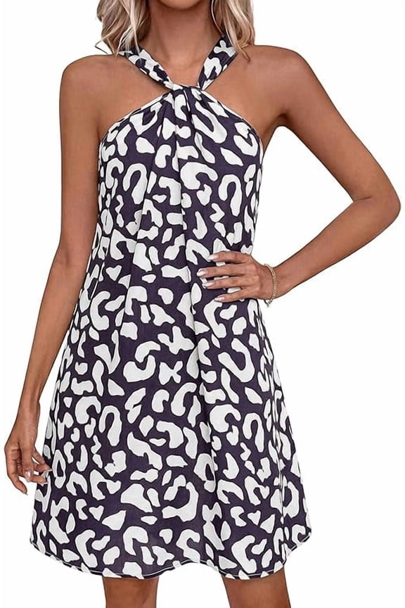 Womens Summer Halter Mini Dress Sleeveless Boho Floral Short Sundress Casual Flowy Beach Dresses