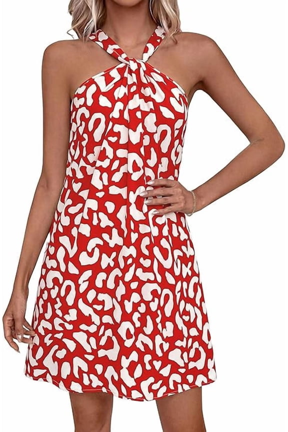 Womens Summer Halter Mini Dress Sleeveless Boho Floral Short Sundress Casual Flowy Beach Dresses