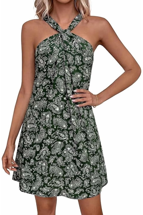 Womens Summer Halter Mini Dress Sleeveless Boho Floral Short Sundress Casual Flowy Beach Dresses