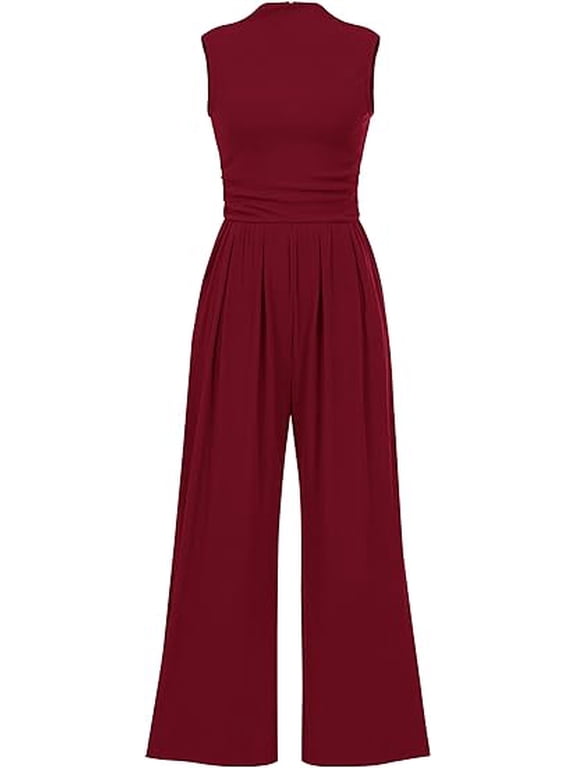 Womens Summer Jumpsuits Dressy Casual One Piece Outfits Sleeveless Mock Neck Wide Leg Pants Rompers with Pockets