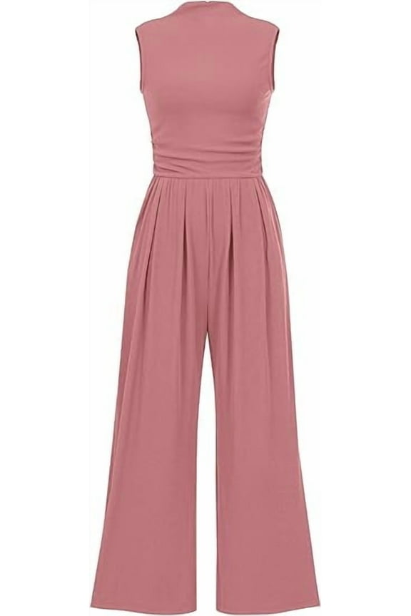Womens Summer Jumpsuits Dressy Casual One Piece Outfits Sleeveless Mock Neck Wide Leg Pants Rompers with Pockets