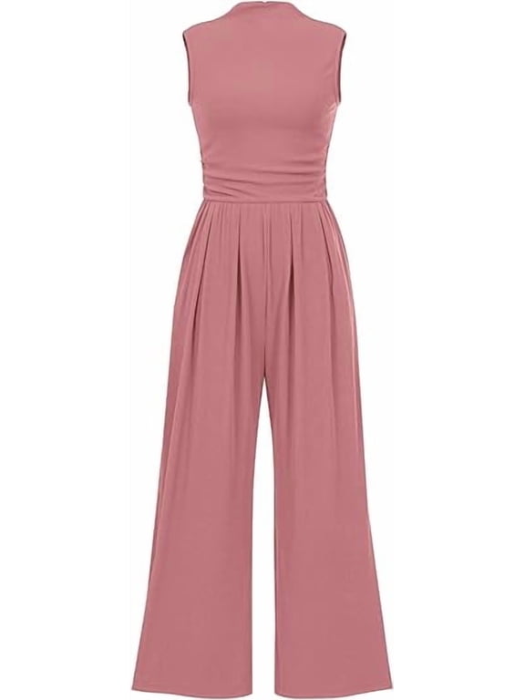 Womens Summer Jumpsuits Dressy Casual One Piece Outfits Sleeveless Mock Neck Wide Leg Pants Rompers with Pockets