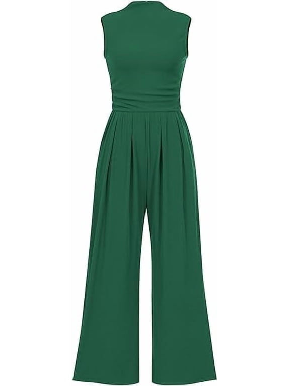 Womens Summer Jumpsuits Dressy Casual One Piece Outfits Sleeveless Mock Neck Wide Leg Pants Rompers with Pockets