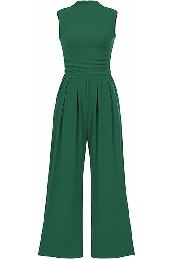 Womens Summer Jumpsuits Dressy Casual One Piece Outfits Sleeveless Mock Neck Wide Leg Pants Rompers with Pockets