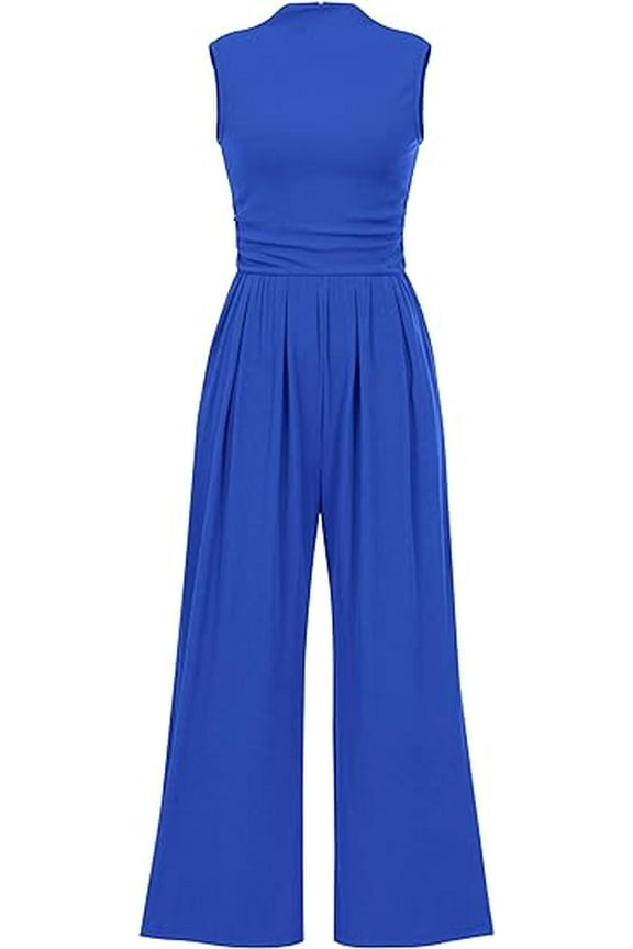Womens Summer Jumpsuits Dressy Casual One Piece Outfits Sleeveless Mock Neck Wide Leg Pants Rompers with Pockets