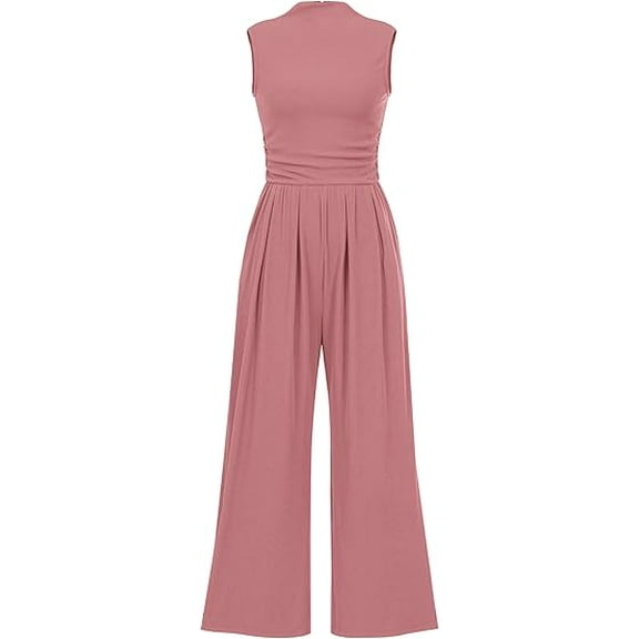 PRETTYGARDEN Womens Summer Jumpsuits Dressy Casual One Piece Outfits Sleeveless Mock Neck Wide Leg Pants Rompers with Pockets