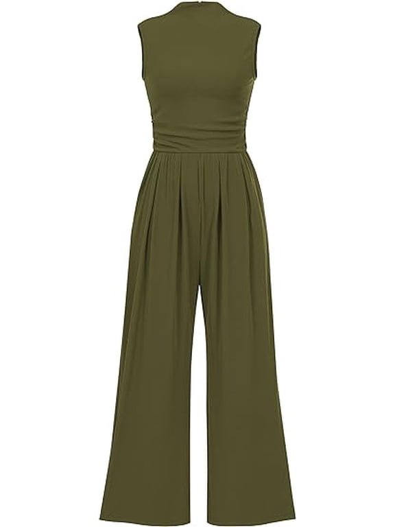 Womens Summer Jumpsuits Dressy Casual One Piece Outfits Sleeveless Mock Neck Wide Leg Pants Rompers with Pockets