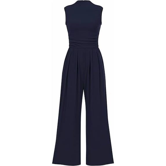 PRETTYGARDEN Womens Summer Jumpsuits Dressy Casual One Piece Outfits Sleeveless Mock Neck Wide Leg Pants Rompers with Pockets