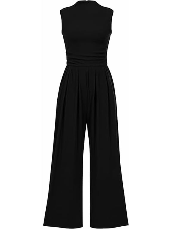 Womens Summer Jumpsuits Dressy Casual One Piece Outfits Sleeveless Mock Neck Wide Leg Pants Rompers with Pockets