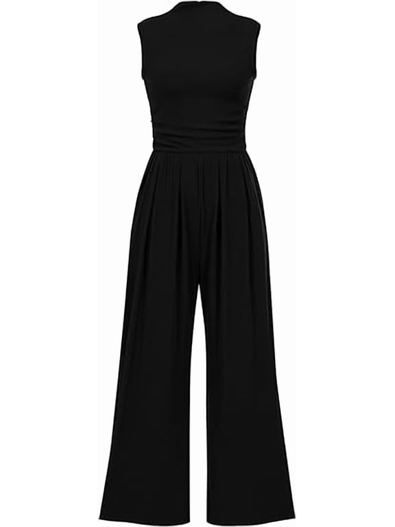 Womens Summer Jumpsuits Dressy Casual One Piece Outfits Sleeveless Mock Neck Wide Leg Pants Rompers with Pockets