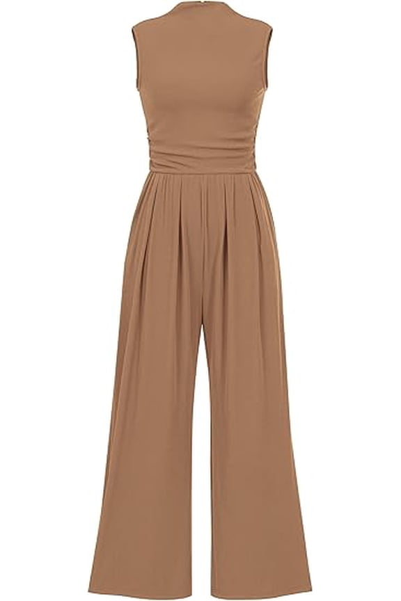 Womens Summer Jumpsuits Dressy Casual One Piece Outfits Sleeveless Mock Neck Wide Leg Pants Rompers with Pockets