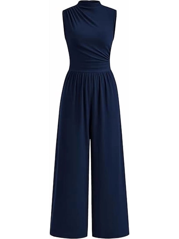 Womens Summer Jumpsuits Dressy Casual One Piece Outfits Sleeveless Mock Neck Wide Leg Pants Rompers with Pockets