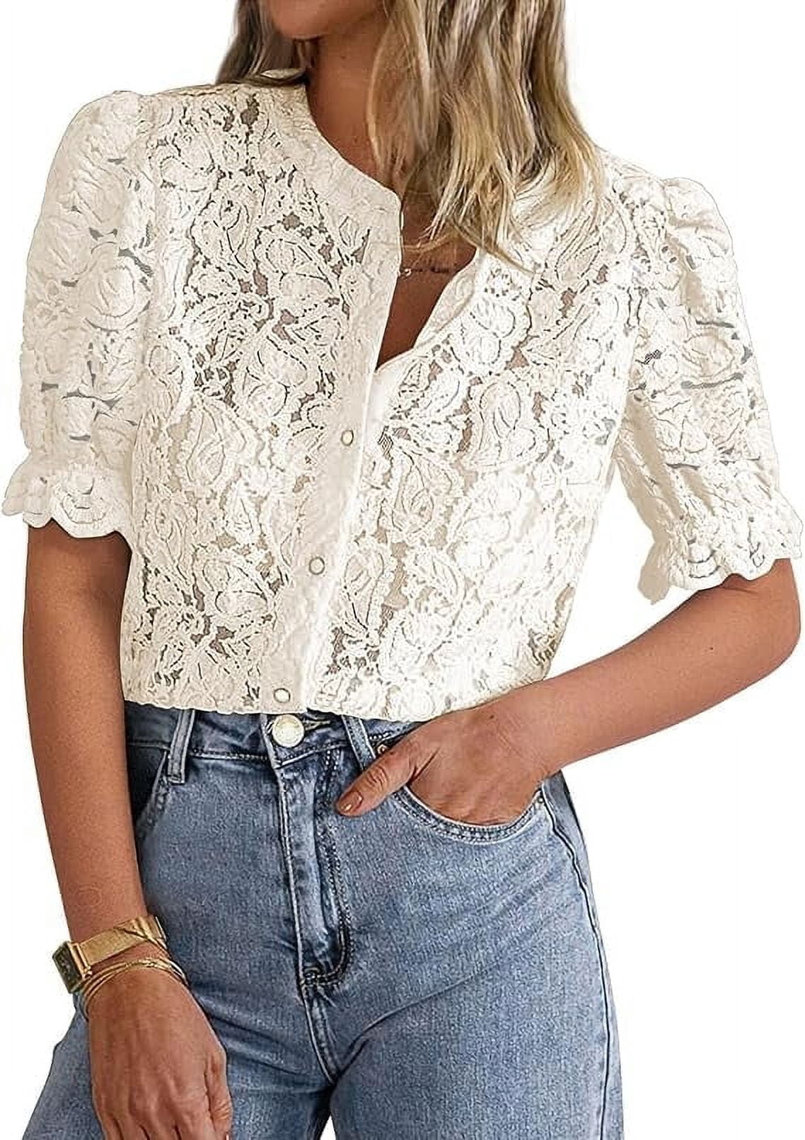 PRETTYGARDEN Womens Summer Lace Tops Short Puff Sleeve Casual Dressy Blouses Eyelet Crew Neck Buttom Down Shirts