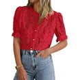 thumbnail image 1 of PRETTYGARDEN Womens Summer Lace Tops Short Puff Sleeve Casual Dressy Blouses Eyelet Crew Neck Buttom Down Shirts, 1 of 7