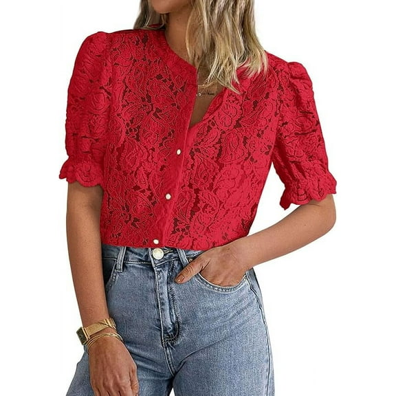 PRETTYGARDEN Womens Summer Lace Tops Short Puff Sleeve Casual Dressy Blouses Eyelet Crew Neck Buttom Down Shirts