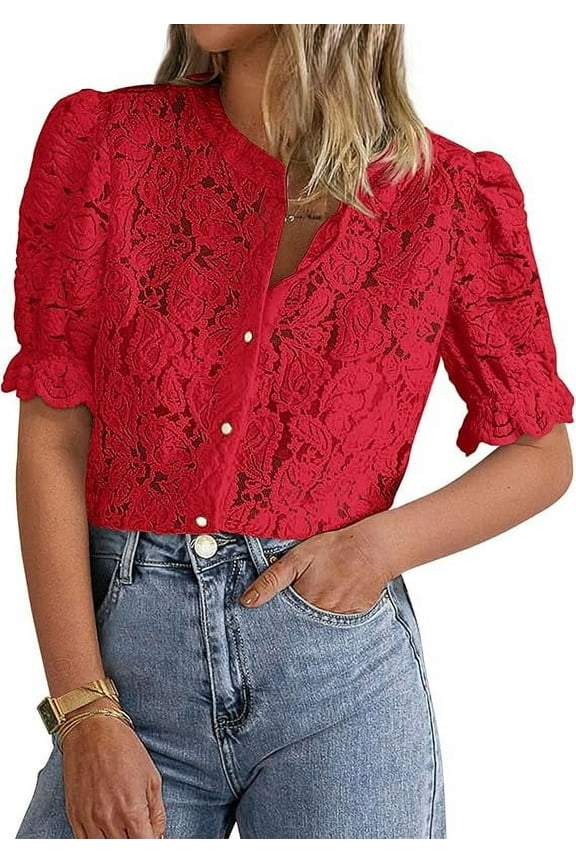 Womens Summer Lace Tops Short Puff Sleeve Casual Dressy Blouses Eyelet Crew Neck Buttom Down Shirts