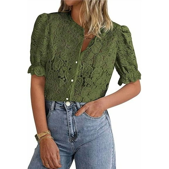 PRETTYGARDEN Womens Summer Lace Tops Short Puff Sleeve Casual Dressy Blouses Eyelet Crew Neck Buttom Down Shirts