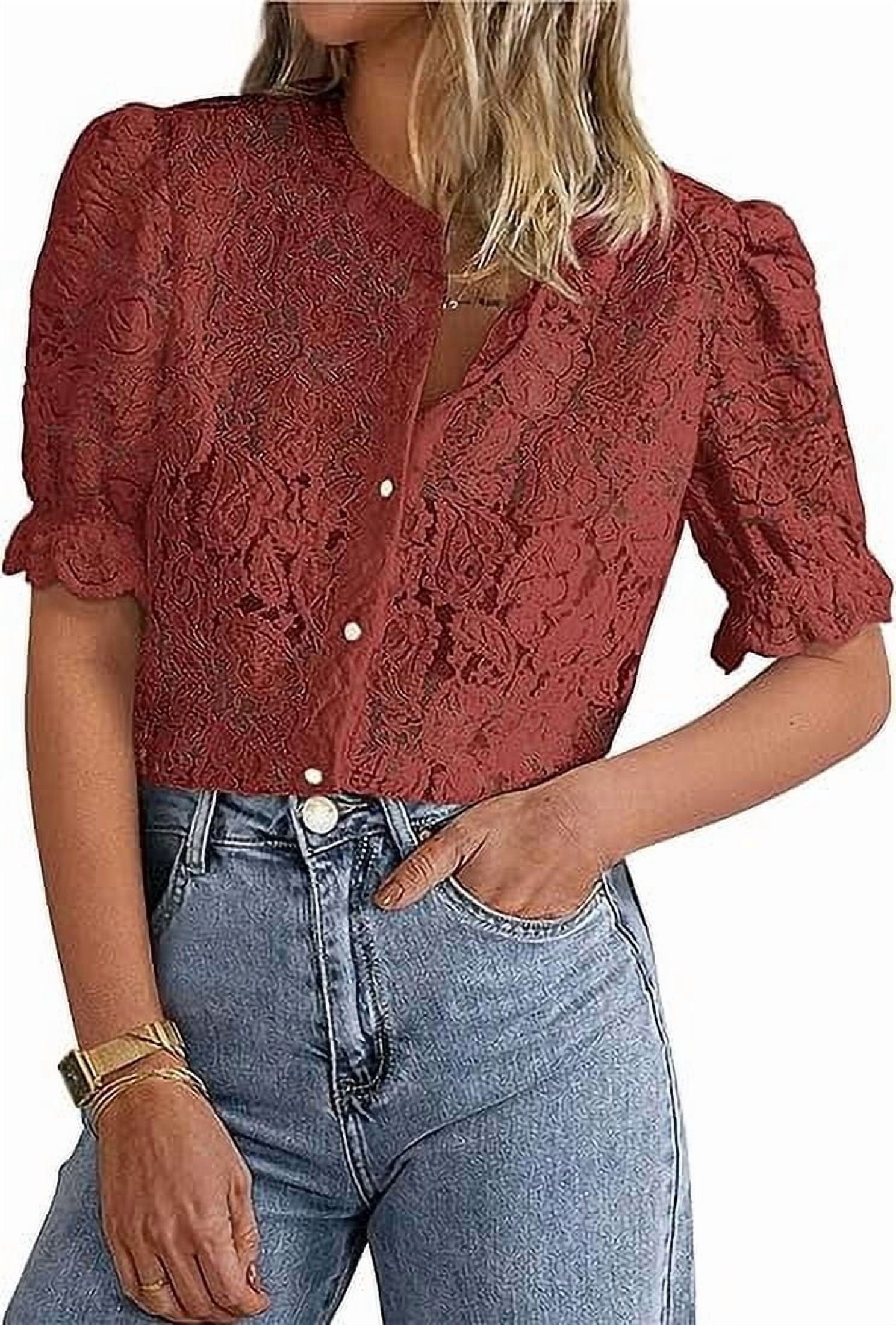 PRETTYGARDEN Womens Summer Lace Tops Short Puff Sleeve Casual Dressy Blouses Eyelet Crew Neck Buttom Down Shirts