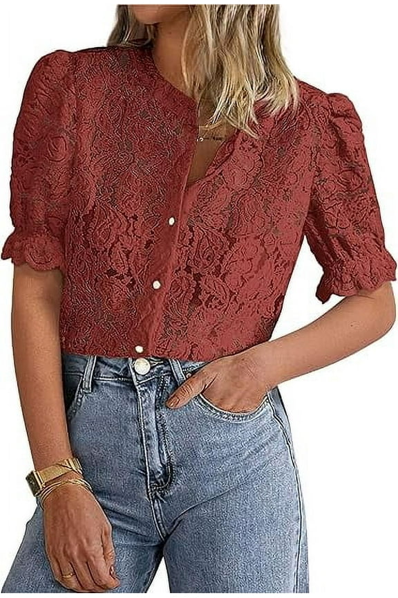 Womens Summer Lace Tops Short Puff Sleeve Casual Dressy Blouses Eyelet Crew Neck Buttom Down Shirts