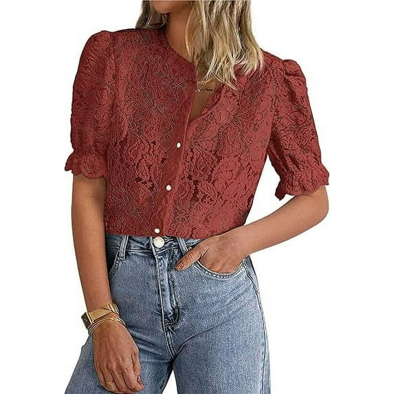 PRETTYGARDEN Womens Summer Lace Tops Short Puff Sleeve Casual Dressy Blouses Eyelet Crew Neck Buttom Down Shirts