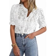 PRETTYGARDEN Womens Summer Lace Tops Short Puff Sleeve Casual Dressy Blouses Eyelet Crew Neck Buttom Down Shirts