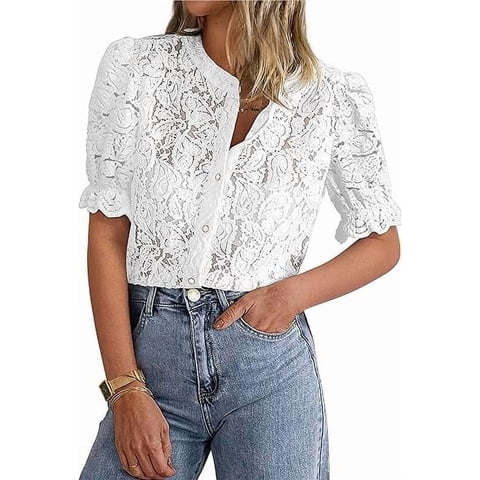 Womens Summer Lace Tops Short Puff Sleeve Casual Dressy Blouses Eyelet Crew Neck Buttom Down Shirts