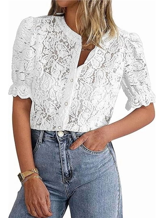 Womens Summer Lace Tops Short Puff Sleeve Casual Dressy Blouses Eyelet Crew Neck Buttom Down Shirts