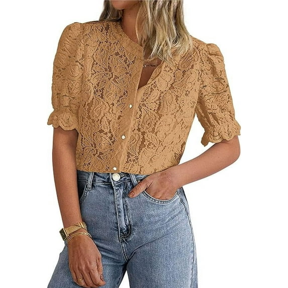 PRETTYGARDEN Womens Summer Lace Tops Short Puff Sleeve Casual Dressy Blouses Eyelet Crew Neck Buttom Down Shirts