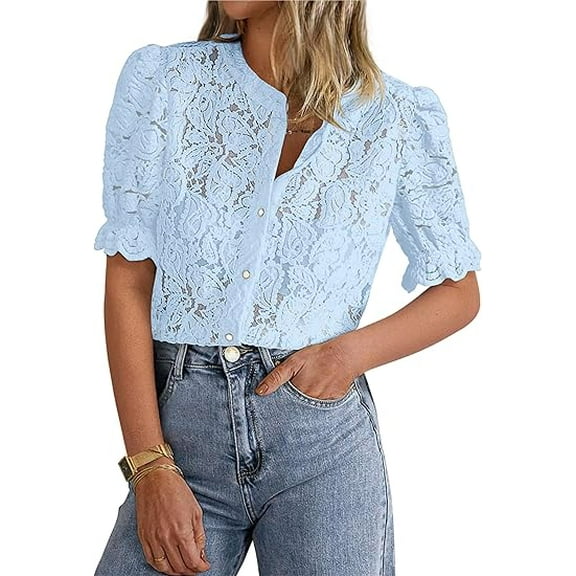 PRETTYGARDEN Womens Summer Lace Tops Short Puff Sleeve Casual Dressy Blouses Eyelet Crew Neck Buttom Down Shirts
