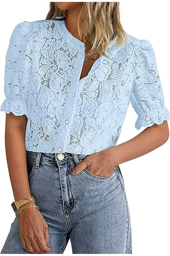 Womens Summer Lace Tops Short Puff Sleeve Casual Dressy Blouses Eyelet Crew Neck Buttom Down Shirts