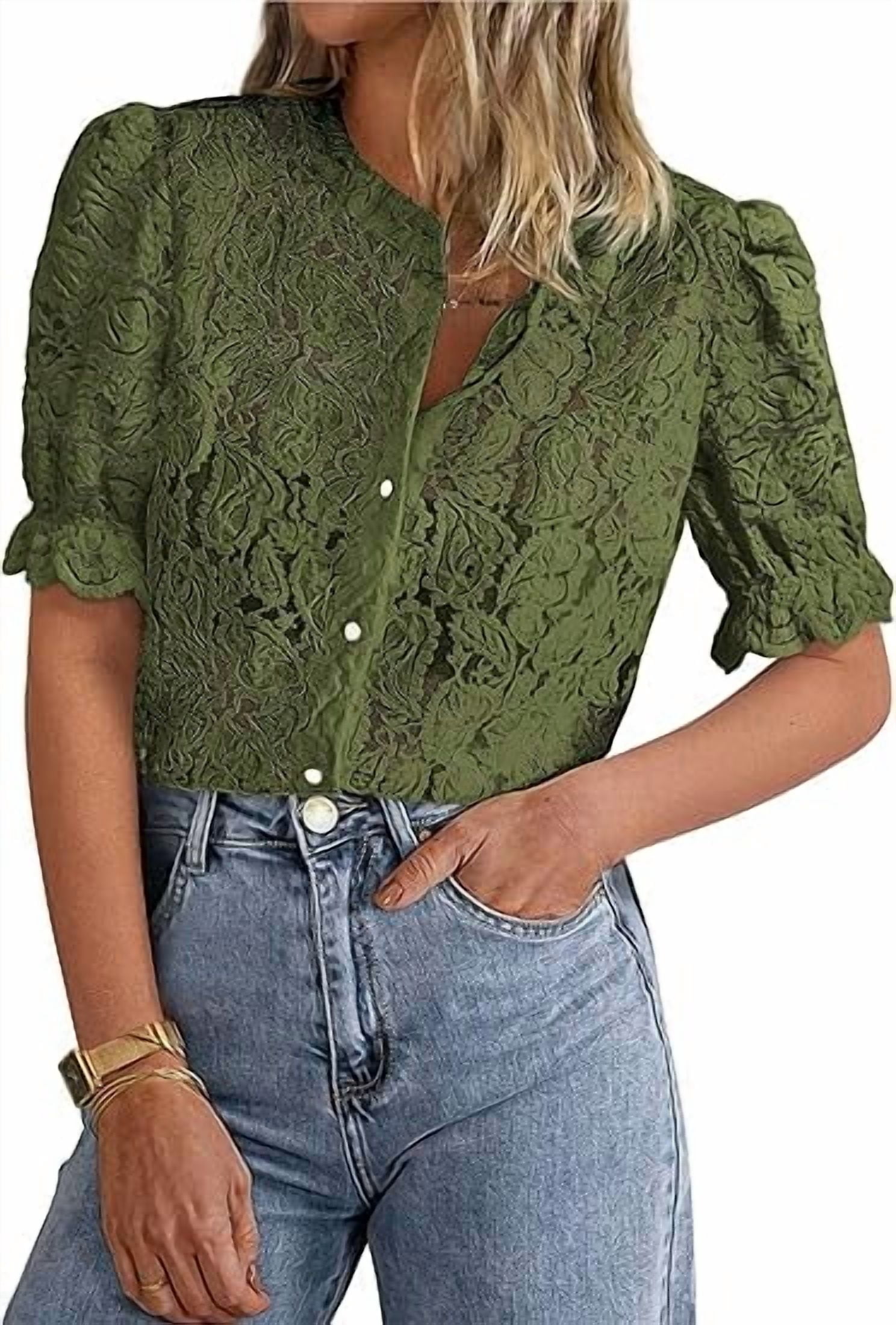 PRETTYGARDEN Womens Summer Lace Tops Short Puff Sleeve Casual Dressy Blouses Eyelet Crew Neck Buttom Down Shirts