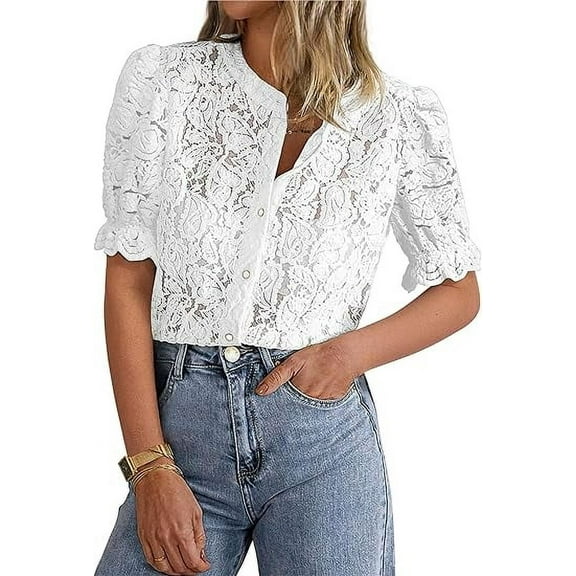 PRETTYGARDEN Womens Summer Lace Tops Short Puff Sleeve Casual Dressy Blouses Eyelet Crew Neck Buttom Down Shirts