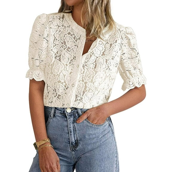 PRETTYGARDEN Womens Summer Lace Tops Short Puff Sleeve Casual Dressy Blouses Eyelet Crew Neck Buttom Down Shirts