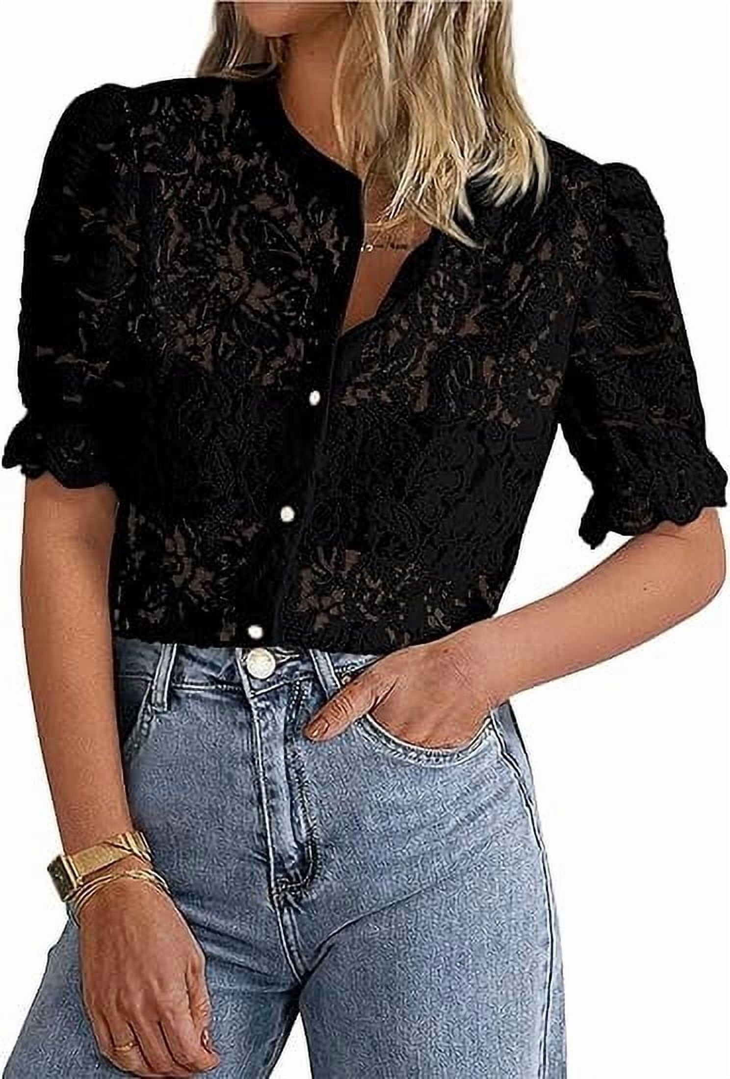 PRETTYGARDEN Womens Summer Lace Tops Short Puff Sleeve Casual Dressy Blouses Eyelet Crew Neck Buttom Down Shirts