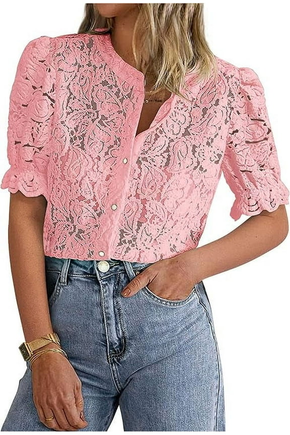 Womens Summer Lace Tops Short Puff Sleeve Casual Dressy Blouses Eyelet Crew Neck Buttom Down Shirts
