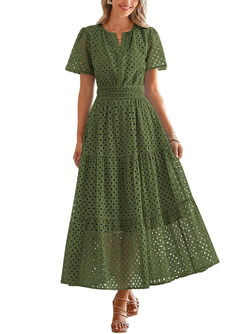 Prettygarden Womens Summer Maxi Dress Short Sleeve V Neck Hollow Out Eyelet A Line Long Flowy Beach Vacation Dresses, Women's, Size: Medium, Green