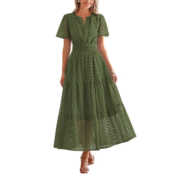 PRETTYGARDEN Womens Summer Maxi Dress Short Sleeve V Neck Hollow Out Eyelet A Line Long Flowy Beach Vacation Dresses