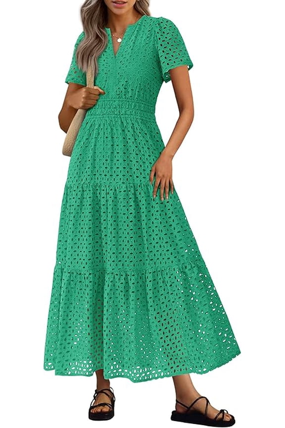 Womens Summer Maxi Dress Short Sleeve V Neck Hollow Out Eyelet A Line Long Flowy Beach Vacation Dresses