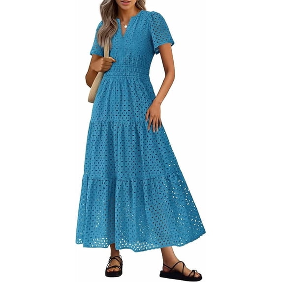 PRETTYGARDEN Womens Summer Maxi Dress Short Sleeve V Neck Hollow Out Eyelet A Line Long Flowy Beach Vacation Dresses