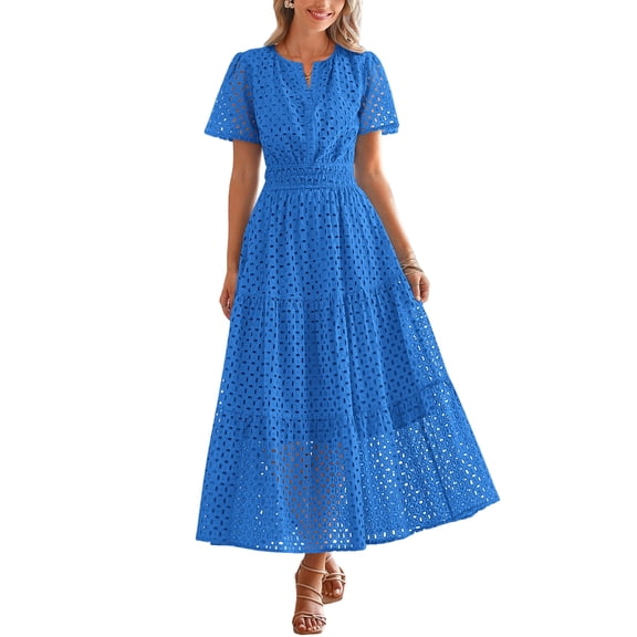 PRETTYGARDEN Womens Summer Maxi Dress Short Sleeve V Neck Hollow Out Eyelet A Line Long Flowy Beach Vacation Dresses