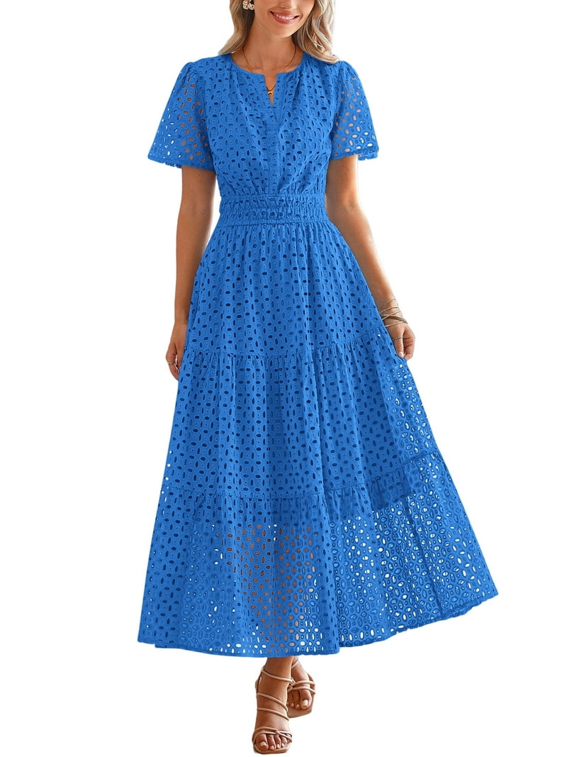 Prettygarden Womens Summer Maxi Dress Short Sleeve V Neck Hollow Out Eyelet A Line Long Flowy Beach Vacation Dresses, Women's, Size: Small, Blue Prettygarden Womens Summer Maxi Dress Short Sleeve V Neck Hollow Out Eyelet A Line Long Flowy Beach Vacation Dresses, Women's, Size: Small, Blue
