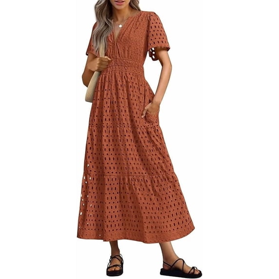 PRETTYGARDEN Womens Summer Maxi Dress Short Sleeve V Neck Hollow Out Eyelet A Line Long Flowy Beach Vacation Dresses