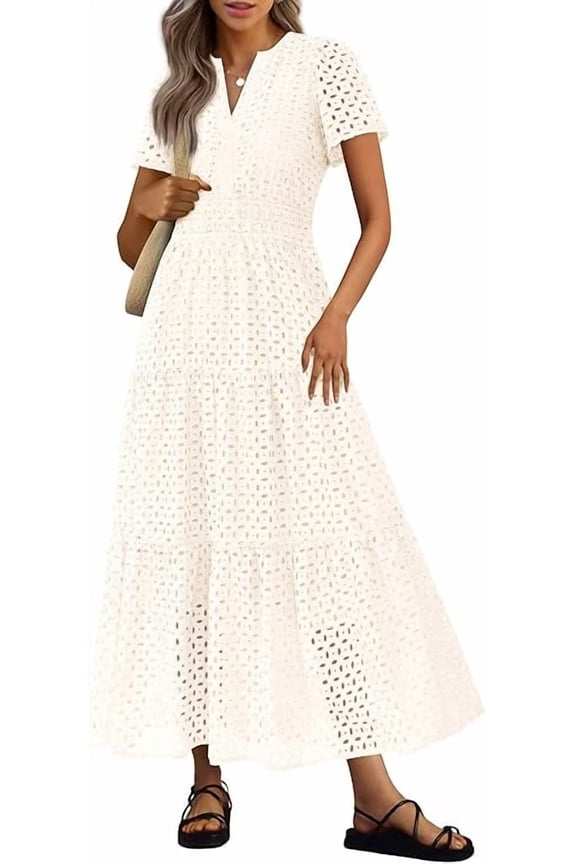 Womens Summer Maxi Dress Short Sleeve V Neck Hollow Out Eyelet A Line Long Flowy Beach Vacation Dresses