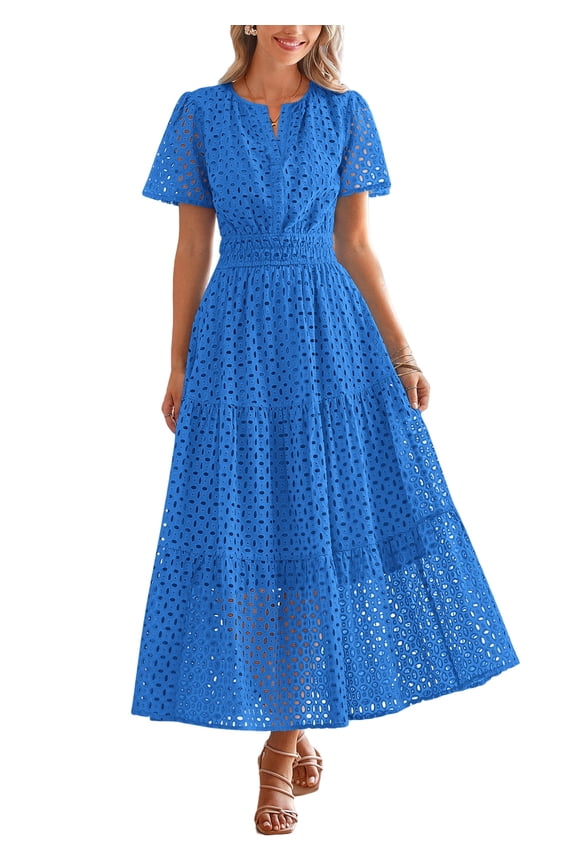 Womens Summer Maxi Dress Short Sleeve V Neck Hollow Out Eyelet A Line Long Flowy Beach Vacation Dresses