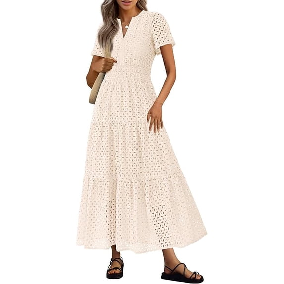 PRETTYGARDEN Womens Summer Maxi Dress Short Sleeve V Neck Hollow Out Eyelet A Line Long Flowy Beach Vacation Dresses