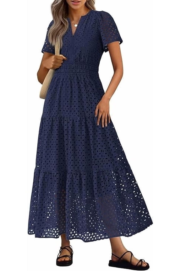 Womens Summer Maxi Dress Short Sleeve V Neck Hollow Out Eyelet A Line Long Flowy Beach Vacation Dresses